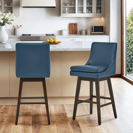 CHITA Bar Height Swivel Barstool with Back Set of 2, FSC Certified Upholstered Bar Stool, 30.7" H Seat Height, PU Leather in Dark Blue