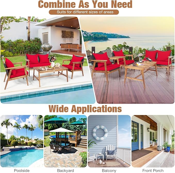 COSTWAY 4 Pieces Acacia Wood Patio Conversation Set, Outdoor Wicker Sofa with Coffee Table & Cushions, Patio Rattan Furniture Set for Yard, Porch, Poolside, Balcony, Backyard, Red