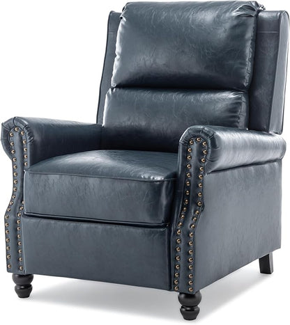 Pushback Recliner Chairs Set of 2, Faux Leather Wingback Recliner Chair, Upholstered Armchair Push Back Recliner with Wood Legs, Rivet Trim Single Sofa Accent Chair for Living Room, Bedroom, Navy