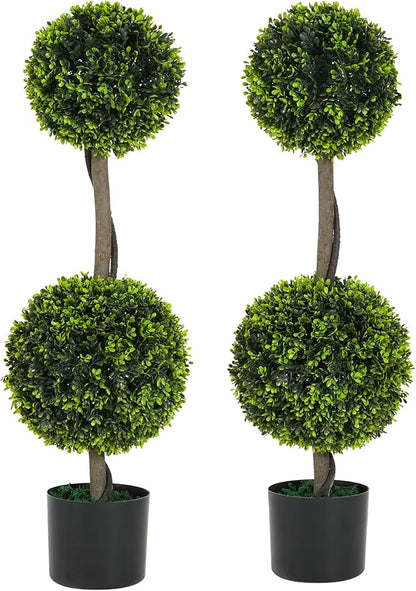 Christopher Knight Home Alene Set of 2 34''H Pre-Potted Artificial Tree Indoor, Artificial Topiary Boxwood Tree Double Ball with Pot, Faux Tree with Natural Wood Trunk with Black Plastic Pot, Green