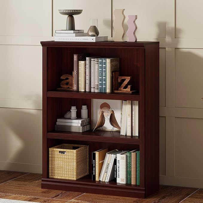 43 in Tall Bookcase, 3-Tier Bookshelf Open Storage, 33 inch Wide Floor Standing Indoor Furniture, Book Cases for Home School Library Office Bedroom Kids, Mahogany 3 Tiers