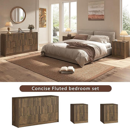 3-Piece Modern Bedroom Furniture Set, Wide 7-Drawer Dresser & 2-Drawer Nightstands Set of 2, Natural Wood Dresser and Nightstand Sets for Bedroom, Hallway, Walnut