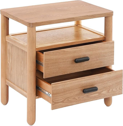 Christopher Knight Home Delwyn Modern Nightstand, Wooden Small Night Stand with Drawers and Open Storage Shelf, Bedside Table/End Table with Rounded Legs, Multipurpose Storage Cabinet, Natural