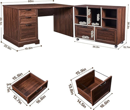 60" L-Shaped Executive Desk with 40" File Cabinet,Farmhouse Home Office Desk with Charging Station,Wood Computer Desk Set for Office Work,Home Study (Brown)