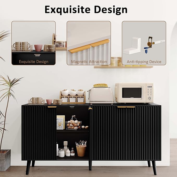 JASIWAY Sideboard Buffet Cabinet with Storage, 55" Sideboard with 4 Fluted Doors Scandinavian Wood Coffee Bar Cabinet Credenza for Living Room, Kitchen, Black