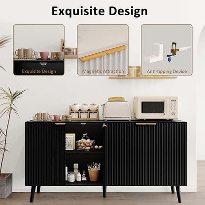 JASIWAY Sideboard Buffet Cabinet with Storage, 55" Sideboard with 4 Fluted Doors Scandinavian Wood Coffee Bar Cabinet Credenza for Living Room, Kitchen, Black