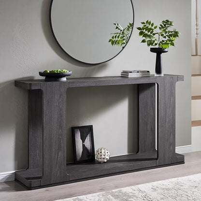 OKD 63 Inch Modern Entryway Console Table, 2-Tier Long Sofa Table Behind Couch with Curved Edge, Wood Farmhouse Narrow Entry Table for Hallway, Living Room, Foyer, Entrance, Dark Alder