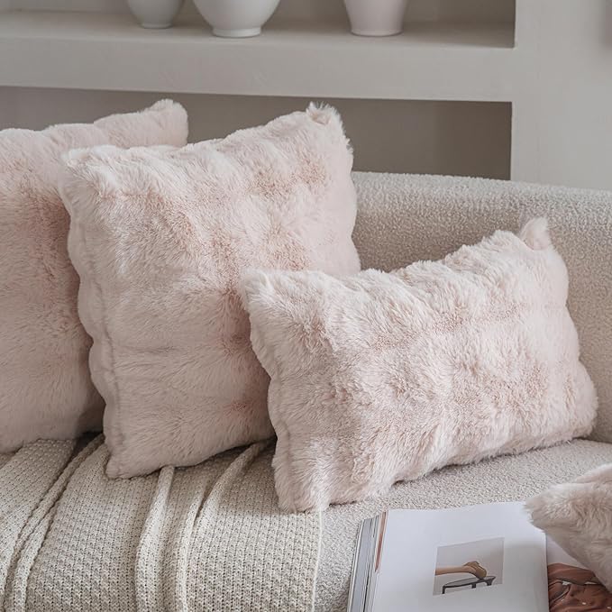 Neelvin Beige Faux Fur Cozy Soft Double-Sided Decorative Throw Pillow Covers 24x24 inch Set of 2,Velvet Pillowcase Cushion Case for Sofa Couch