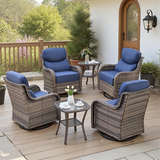 Belord Luxury 6" Thick Cushioned Outdoor Swivel Rocker Patio Chairs Set of 4 with Side Table, High Back Wicker Furniture Set with Ergonomic Zone Back, Conversation Set for Deck Porch - Grey+Blue