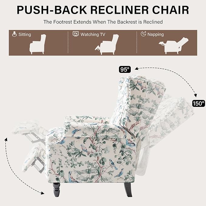 UIXE Pushback Floral Recliner Chair, Fabric Upholstered Armchair Push Back Accent Chair for Living Room, Rivet Trim Club Chair Home Theater Single Sofa Bedroom Reading Seat - Bird