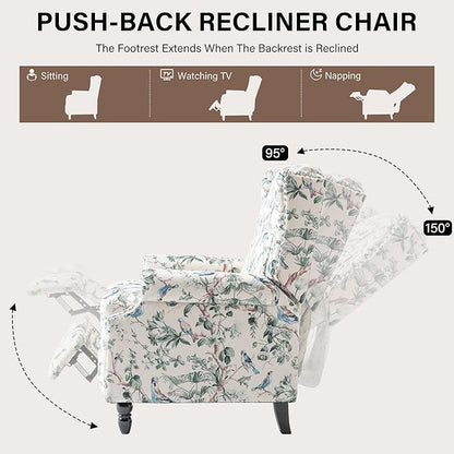 UIXE Pushback Floral Recliner Chair, Fabric Upholstered Armchair Push Back Accent Chair for Living Room, Rivet Trim Club Chair Home Theater Single Sofa Bedroom Reading Seat - Bird