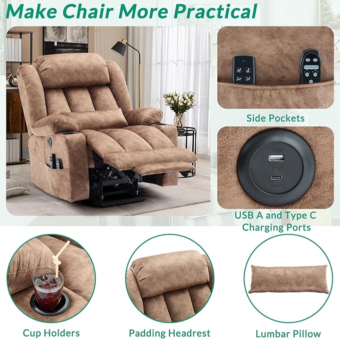 VIVIJASON Tall Man Dual Motor Power Lift Recliner Chair with Extended Footrest, Oversized Lay Flat Sleeper Electric Recliner W/Heat & Massage, Lumbar Pillow, USB & Type-C Ports, Infinite Position