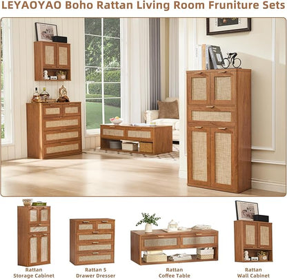 LEYAOYAO 48" Tall Storage Cabinet,Rattan Bathroom Floor Cabinets with 4 Doors & 1Drawer,Boho Kitchen Pantry with Adjustable Shelves,Wooden Cupboard for Living Room,Home Office,Dining,Brown