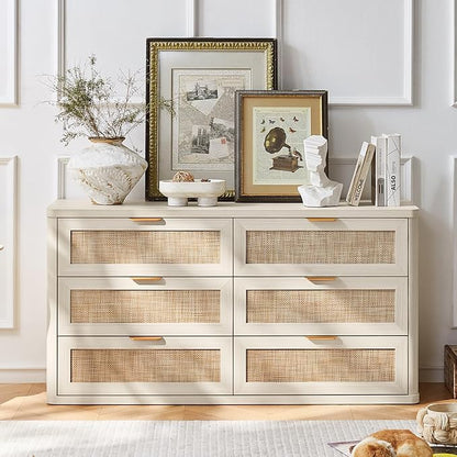 LEYAOYAO Rattan 6 Drawer Dresser for Bedroom Set of 2, Boho 54" Wide White Dresser Chest of Drawers, Dressers TV Stand with Metal Handle, Storage Dressers Closet Organizer for Living Room, Hallway