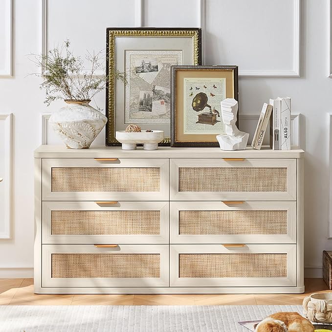 LEYAOYAO Rattan 6 Drawer Dresser for Bedroom, Boho 54" Wide White Dresser Chest of Drawers, Dressers TV Stand with Metal Handle, Storage Dressers Closet Organizer for Living Room, Hallway