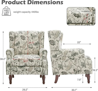 UIXE High Back Floral Accent Chair, Fabric Upholstered Armchair for Living Room, Retro Printed Wingback Arm Chair Nailhead Trim Single Sofa Bedroom Reading Seat - Beige Plants