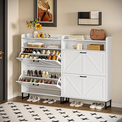 Shoe Storage Cabinet with 2 Flip Drawers, Narrow Wood Shoe Cabinet Storage for Entryway with Metal Legs & Hooks, Adjustable Shelves, Freestanding Shoe Rack Organizer for Foyer, Hallway, White