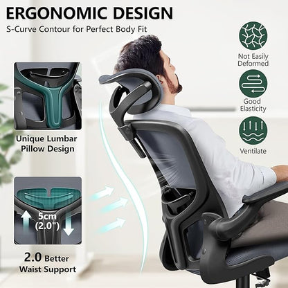 FelixKing Office Desk Chairs, Ergonomic PC Desk Chair with Wheels, Adjustable Lumbar Support and Height, Swivel Computer Chair with Flip-up Armrests, Ergo Mesh Backrest for Working (Dark Gray)