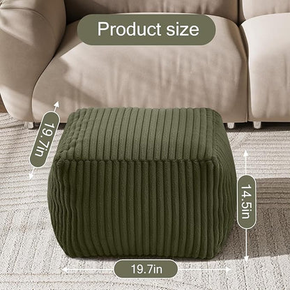 MeMoreCool Square Stuffed Pouf Ottoman Foot Rest, Stripe Furry Floor Pouf Foot Stool with Foam Chunk Filling, Soft Fluffy Stuffed Ottoman Footrest for Living Room, Faux Fur Green