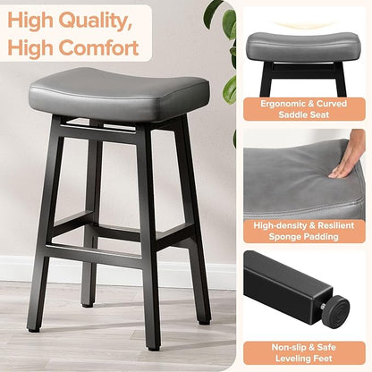 29 Inches Bar Stools Set of 2, Bar Height Barstools for Home Counter, Blackless Barstool with Bonded Leather Saddle Seats & Heavy Duty Metal Legs, Easy Assembly, Gray/Black
