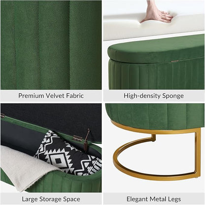 EcoHarbor Living 50.5" Velvet Bedroom Storage Bench Ottoman, Upholstered End of Bed Bench with Gold Legs,Entryway Footrest Seat
