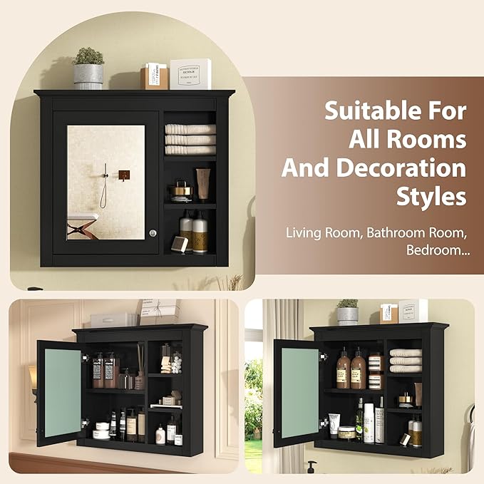 Bathroom Wall Cabinet with Mirror, 30'' x 28'' Medicine Cabinet with Mirror Door and Adjustable Shelves, Over Toilet Storage Cabinet, Wall-Mounted Bathroom Mirrors for Over Sink with Storage