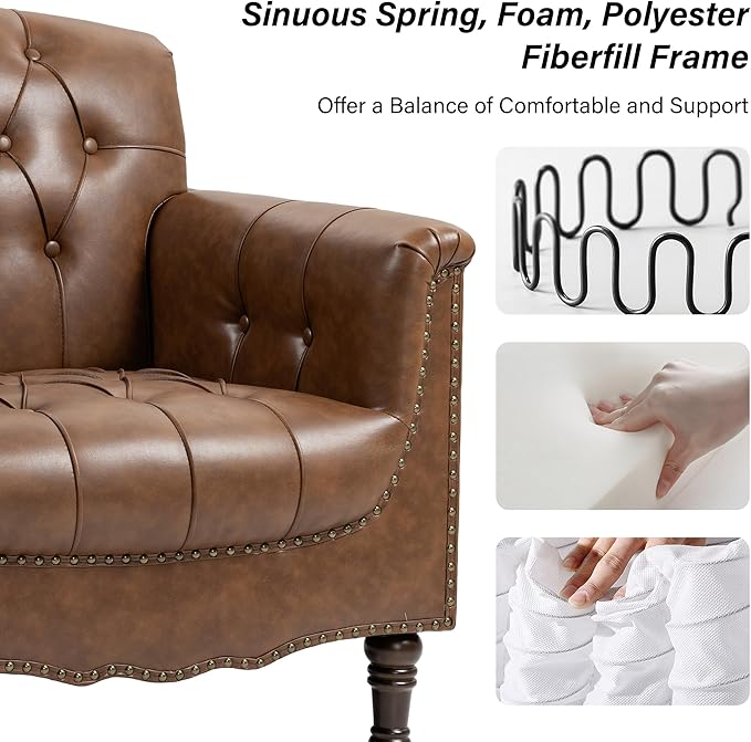 Faux Leather Accent Chair, PU Leather Modern Comfy Upholstered Armchair with Wood Legs & Nailhead Trim for Living Room, Bedroom (Brown,Set of 1)