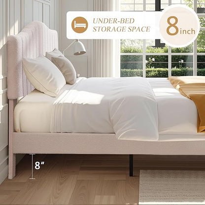 VECELO Queen Size Bed Frame Upholstered Platform Beds with Height-Adjustable Teddy Fabric Headboard, Strong Wood Slats 7.9'' Under Bed Storage Space Noise-Free No Box Spring Needed, Cream