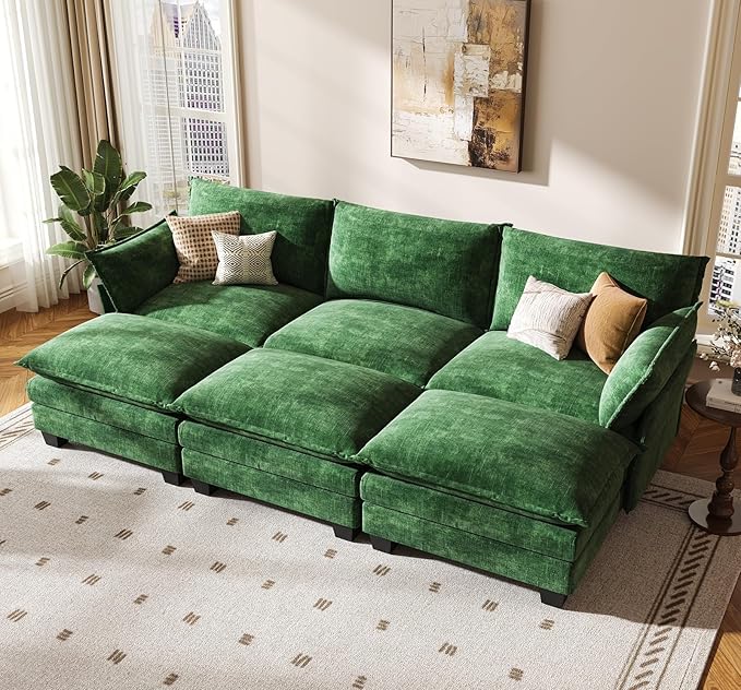 KKL 91.3" Large Modular Sectional Sofa Bed, 6 Seater Convertible U/J/L-Shaped Sleeper Cloud Couch with Ottoman, Chenille Sectional Couches for Living Room, Apartment, Green