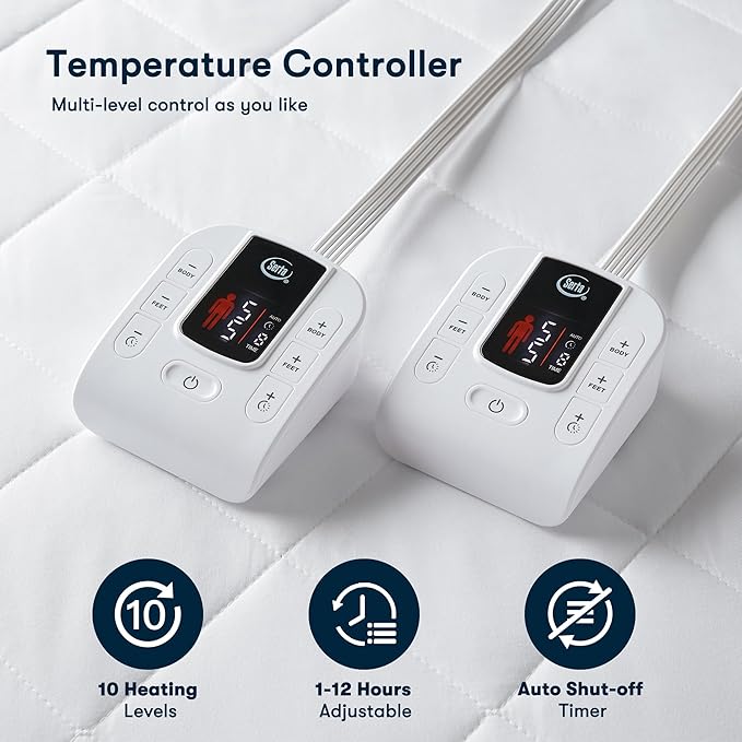 Serta Multi-Zone Heated Mattress Pad – Dual Controllers for Personalized Body & Foot Warmth, 10 Heat Settings, Auto Shut-Off, Soft Microfiber, Machine Washable, 15" Deep Pocket – King Size