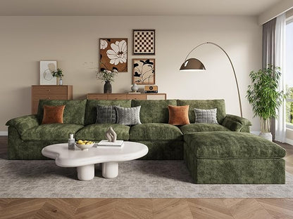 EASE MOOSE Oversized Cloud Couch Sectional Sofa, L-Shaped Large Modular Couch for Living Room, Minimalist Boneless Convertible Couches with Ottoman, 5-Seat Deep Sofas for Bedroom, Chenille (Green)
