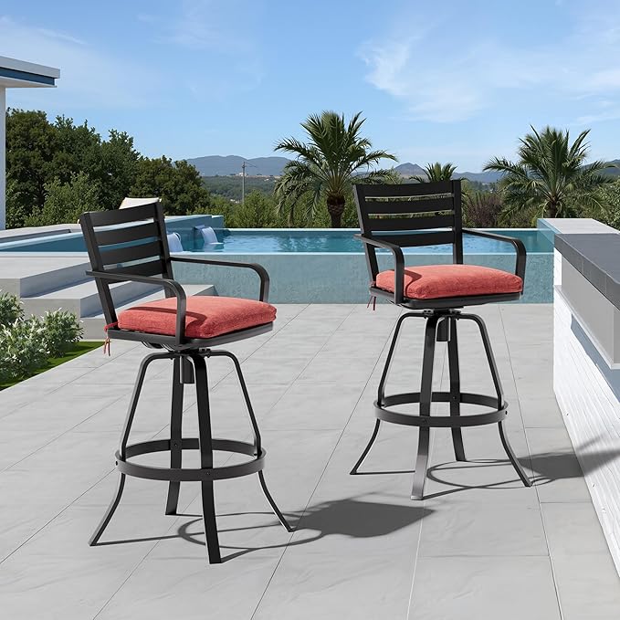 Pellebant 29.5" Sunbrella Outdoor Bar Stools Set of 2, Aluminum Swivel Patio Bar Height Bar Stools with Back & Footrest, Rust-Proof High Barstools for Deck Lawn Garden,Red