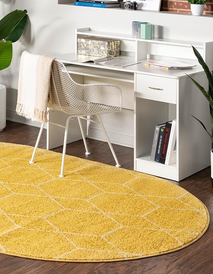 Unique Loom Trellis Frieze Collection Area Rug - Geometric (3' x 5' Oval, Yellow/ Ivory)
