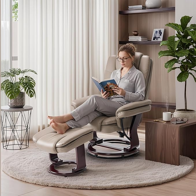 Argus Swivel Recliner with Ottoman, PU Leather & Wood Base Reclining Chair with Footrest, Ultra-Plush Double Foam for Living Room, Bedroom and Office