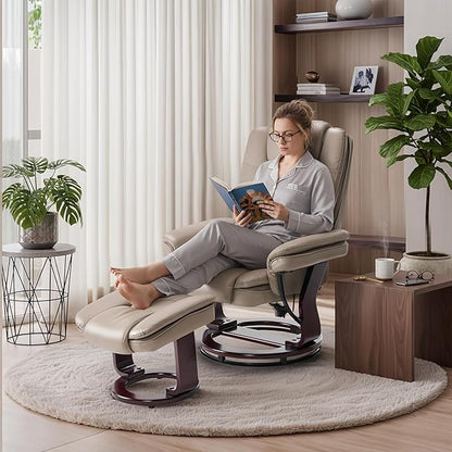 Argus Swivel Recliner with Ottoman, PU Leather & Wood Base Reclining Chair with Footrest, Ultra-Plush Double Foam for Living Room, Bedroom and Office