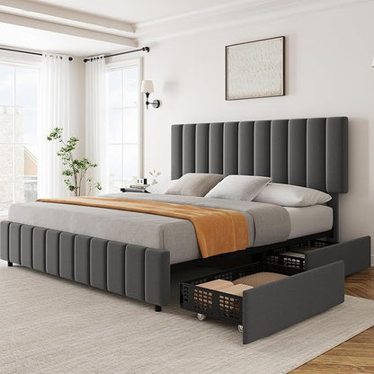 Garvee Full Size Bed Frame with 4 Storage Drawers, Adjustable Height Headboard, Linen Upholstered Platform Bed Frame, No Box Spring Needed, Easy Assembly, Grey