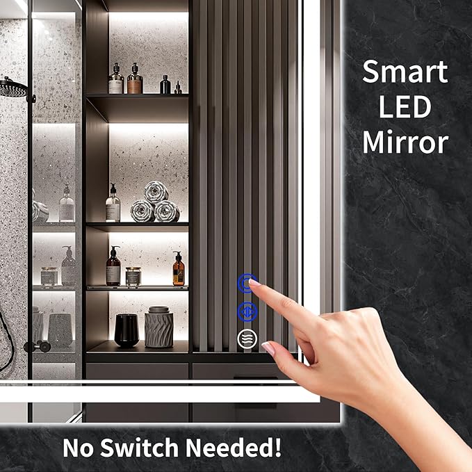 40"x30" LED Bathroom Mirror with Anti-Fog, Stepless Dimmable Lights, 3 Color Modes, Shatter-Proof Tempered Glass, Memory Function & Waterproof Design