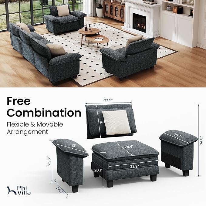 PHI VILLA Cloud Modular Couches Sets, 3 Pieces Large Sectional Sofa Set with Single Sofa, 5-Seater Upholstered Couch for Living Room, Chenille Fabric, Dark Cyan