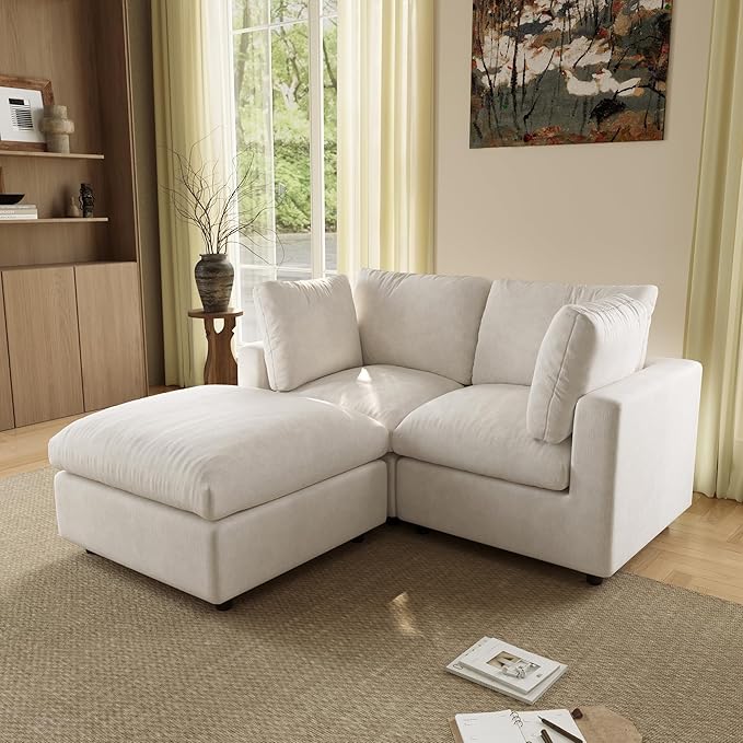 WJShome Sectional Couches for Living Room, 67 Inch Loveseat Sofa with Ottoman, Modern Chenille Fabric & Double Layer Cushions, Modular Couch for Apartment/Bedroom，Beige