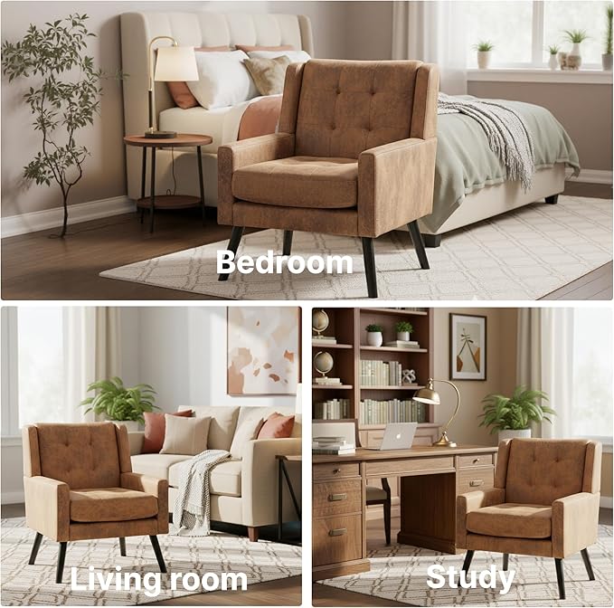 Mid-Century Modern Accent Chair, Plush Suede Fabric with Button Tufted High Back & 5" Thick Cushion, High Comfort Reading Chair for Living Room, Bedroom, Office (Brown)