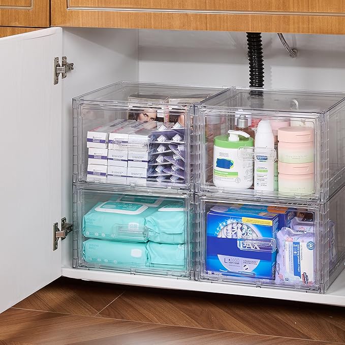 Vtopmart 6 Pack 18QT Clear Stackable Storage Drawers,Easily Assemble Closet Organizers,Plastic Storage Bins for Bathroom,Cabinet,Kitchen Pantry,Under Sink Organization(Medium)
