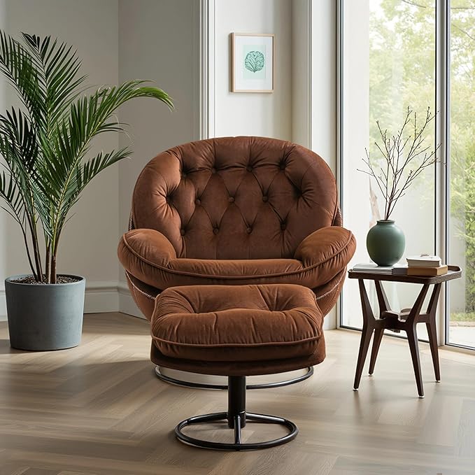 Set of 2 360° Swivel Modern Velvet Accent Chair with Ottoman | Mid-Century Button Tufted Lounge Chair for Living Room & Bedroom, Brown