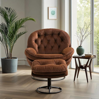 360° Swivel Modern Velvet Accent Chair with Ottoman | Mid-Century Button Tufted Lounge Chair for Living Room & Bedroom, Brown