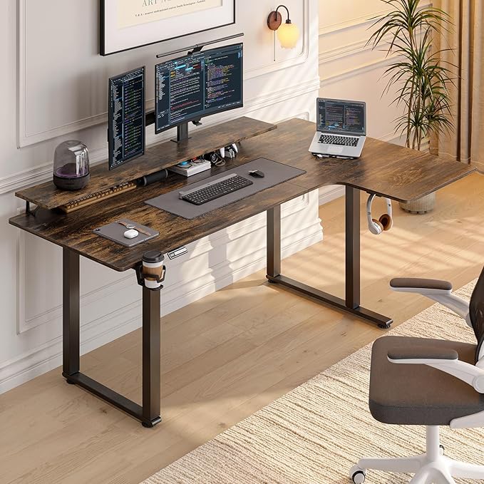ONBRILL L Shaped Standing Desk, 71x43 Inch Electric L Stand Up Desk with 2 Adjustable Monitor Shelves and Dual Motor, Adjustable Height from 28-46'' for Home and Office, Rustic Brown