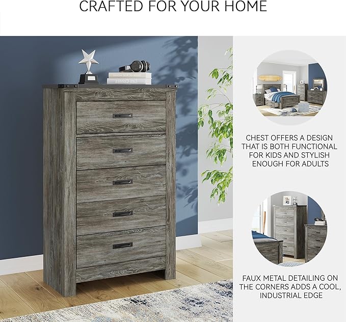 Signature Design by Ashley Frandern Vintage 5-Drawer Chest with Easy Glide and Safety Stop for Bedroom, Gray