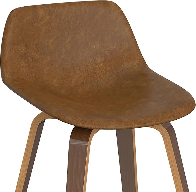 SIMPLIHOME Randolph Counter Stools (Set of 2) - 28 Inch Seat Height Upholstered Bentwood Kitchen Seats in Deep Tan Vegan Faux Leather, Mid Century Modern Seating with Curved Backrest and Footrest
