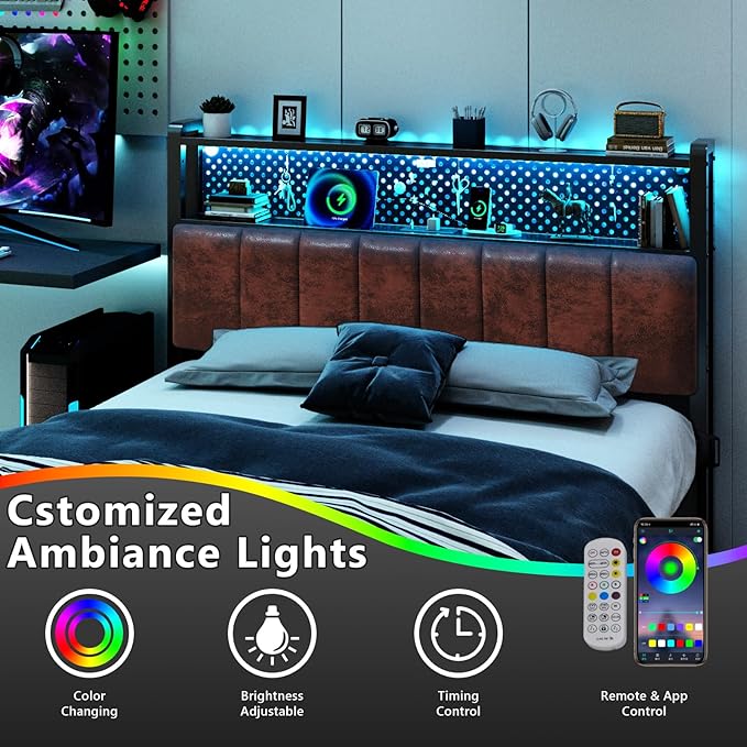 VINGLI King Size Headboard Only, Adjustable Upholstered Headboard with 2 Tier Shelves and Pegboard with Charging Stations and LED Lights, Modern Bed Headboard with Storage for Bedroom Decor