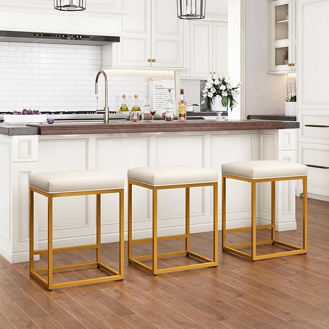 PHI VILLA Bar Stools Set of 3 - Thick Cushion Metal Steel Frame Base with Footrest Kitchen Stools, Gold Bar stools