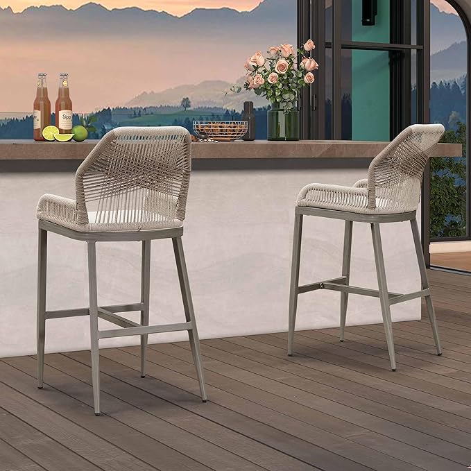 PURPLE LEAF 2 Pieces Bar Stools Patio Modern Rattan Barstools Aluminum Woven Tall Bar Chairs with Cushions for Outdoor Kitchen Island Garden