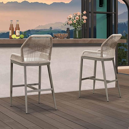 PURPLE LEAF 2 Pieces Bar Stools Patio Modern Rattan Barstools Aluminum Woven Tall Bar Chairs with Cushions for Outdoor Kitchen Island Garden